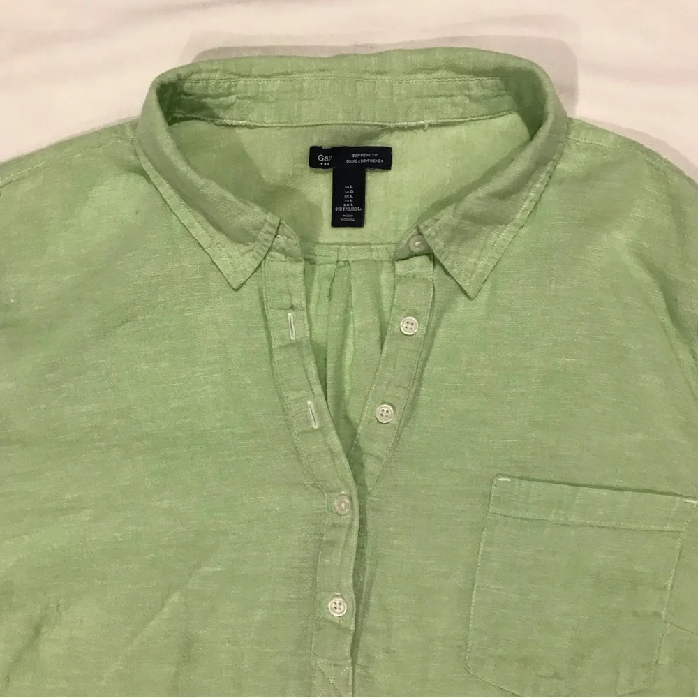 Gap Linen Blend Boyfriend Fit Collared Long Sleeve Roll Tab Popover Top Lime - Picture 3 of 8